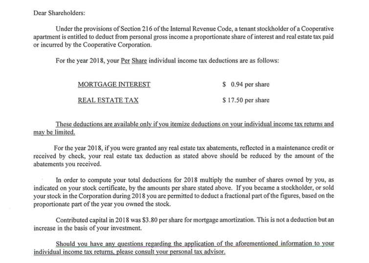 What does a sample co-op tax deduction letter look like? Is it the same as the Form 1098 your co-op mails you for tax season?