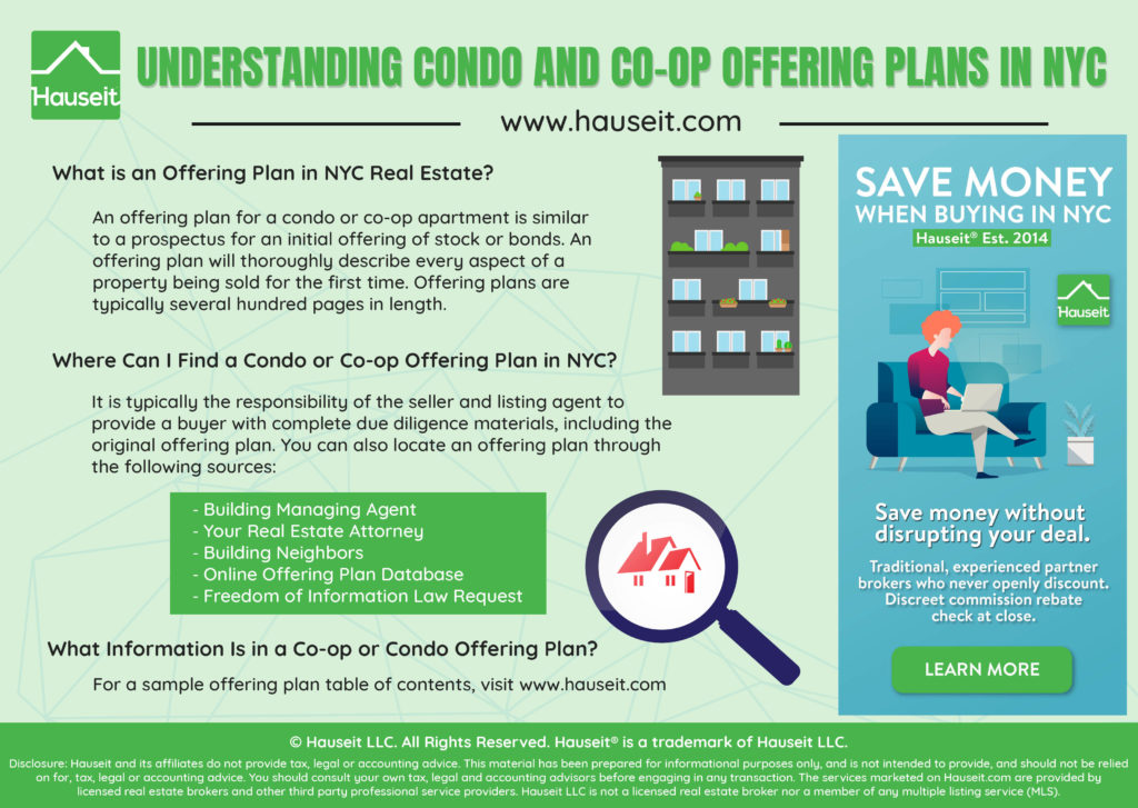 What is an Offering Plan in NYC Real Estate? An offering plan for a condo or co-op is similar to a prospectus for an initial offering of stock or bonds. An offering plan will thoroughly describe every aspect of a property being sold for the first time. Offering plans are typically several hundred pages in length.