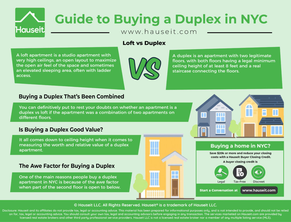 Buying a duplex in NYC can be difficult because it can be hard to find comparable properties and to ascertain value. Duplexes are generally unique, one-of-a-kind residences vs more generic single floor apartments.