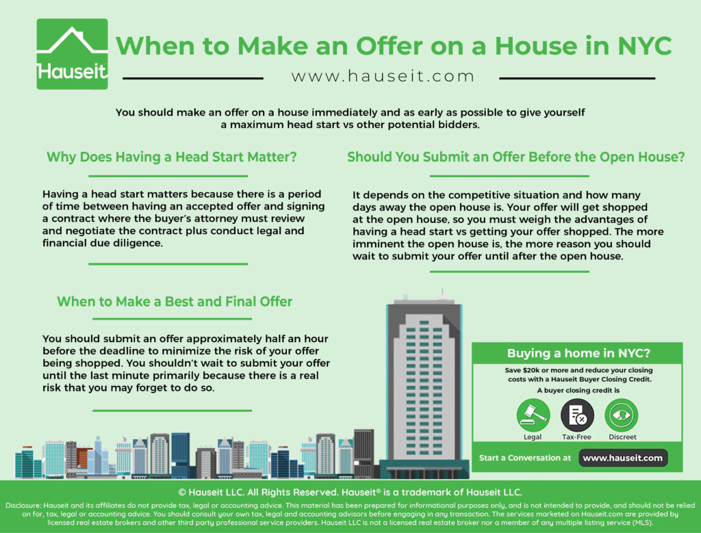 You should make an offer on a house immediately and as early as possible to give yourself a maximum head start vs other potential bidders. The only exceptions are if there is an imminent open house or a best and final offer deadline which we’ll discuss in the following article.