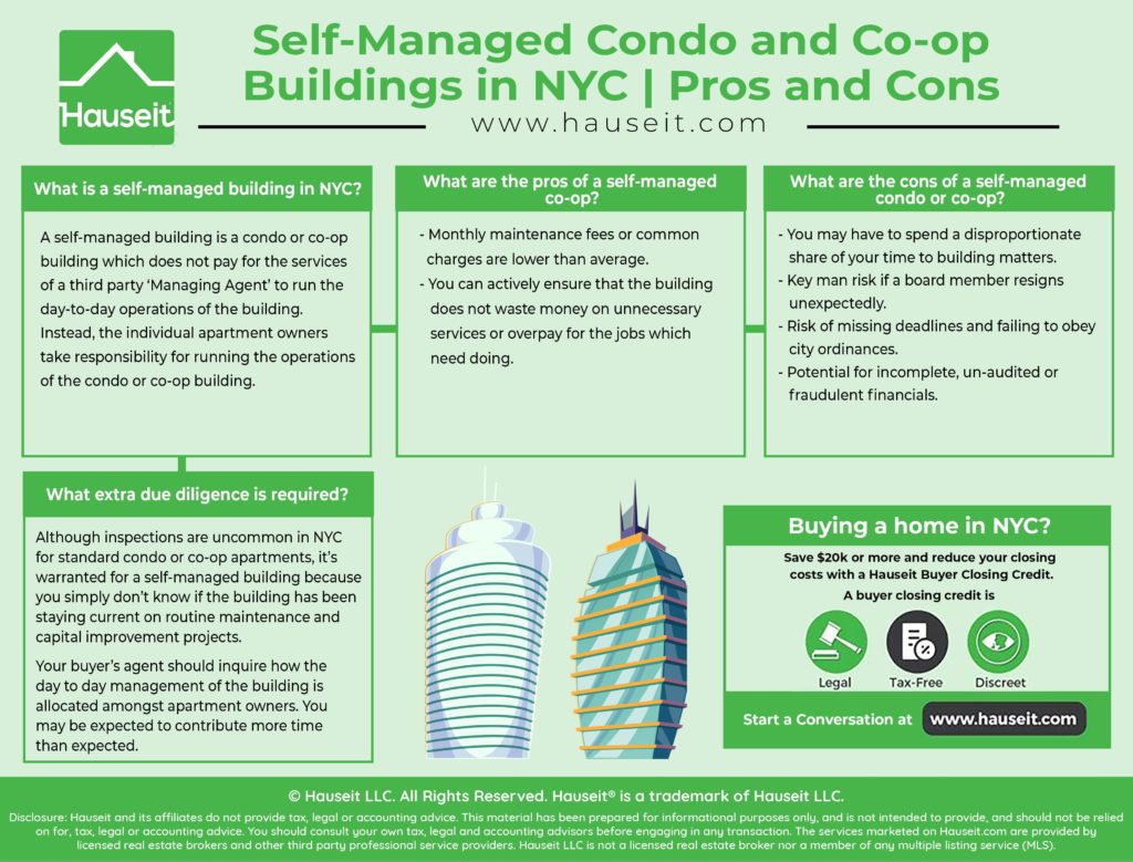 A self-managed building is a condo or co-op building which does not pay for the services of a third party ‘Managing Agent’ to run the day-to-day operations of the building.