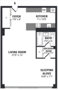 Classic example of an alcove studio apartment floorplan in NYC.