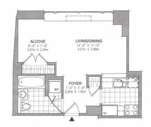 Sample floorplan of an alcove studio apartment in NYC.