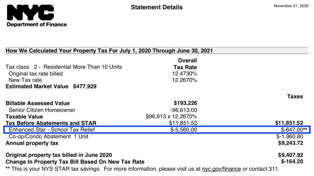 Enhanced-Star-NYC-Property-Tax-Bill Enhanced STAR NYC Property Tax Bill Example