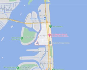 Map illustrating where the town of Surfside, Florida is relative to Miami Beach and Bal Harbour.