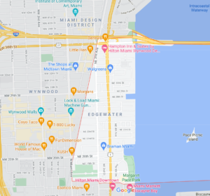 Map showing where the neighborhood of Edgewater is in Miami